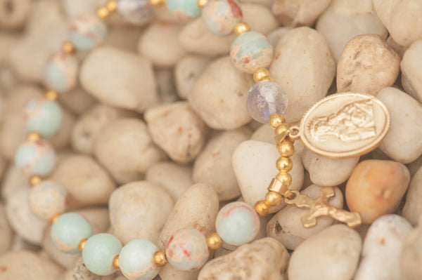 IMOGEN - SNAKE SKIN JASPER BREASTMILK PEARL ROSARY BRACELET