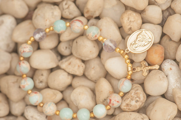 IMOGEN - SNAKE SKIN JASPER BREASTMILK PEARL ROSARY BRACELET