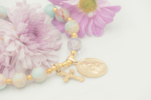 IMOGEN - SNAKE SKIN JASPER BREASTMILK PEARL ROSARY BRACELET