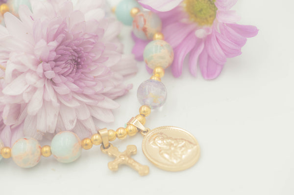 IMOGEN - SNAKE SKIN JASPER BREASTMILK PEARL ROSARY BRACELET